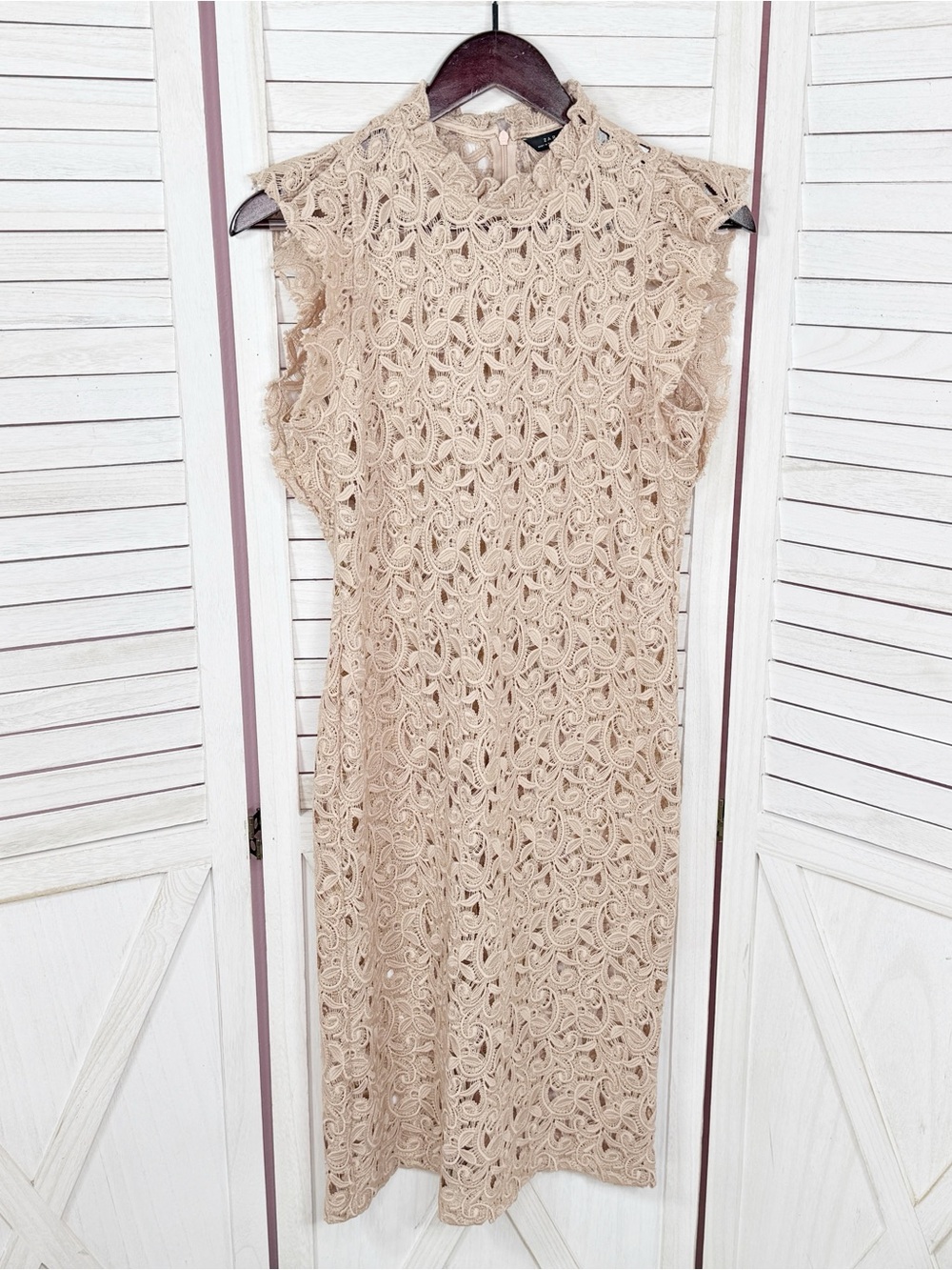 Zara Sheer Lace Ruffle Trim Sheath Dress Nude Tan Large Resort Coquette - Picture 8 of 12